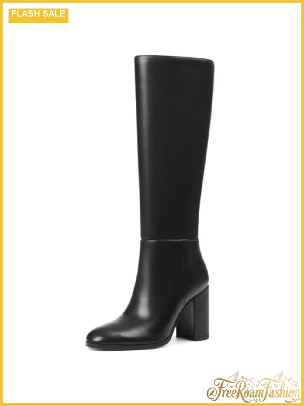 Wide Calf Knee High Boots Chunky Heel Faux Leather Tall Boots